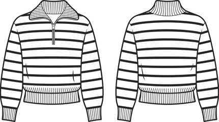 Flat vector CAD drawing of striped half zip pullover sweater, front and back technical fashion sketch for women winterwear garment design © Khadija Creatives