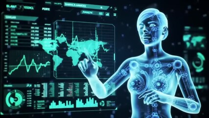 Futuristic digital interface showcasing a holographic woman interacting with global data visuals - Powered by Adobe