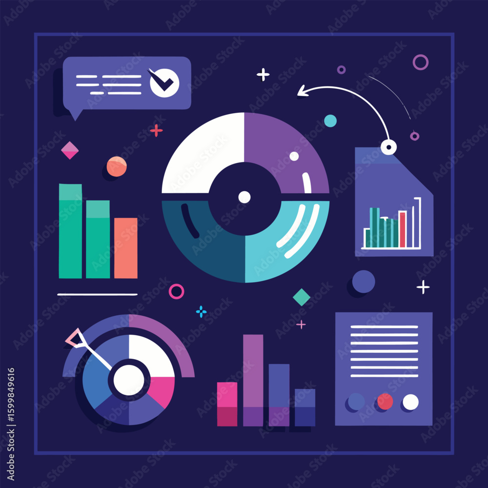 Poster flat design illustration showcasing data charts graphs diagrams and visual representations with abst