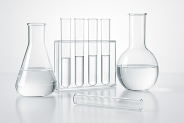 Glassware and test tubes in laboratory equipment.