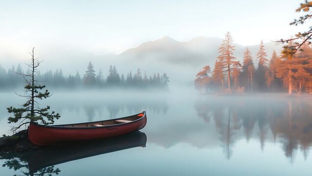 A red canoe on a misty lake with trees and mountains in the background on a foggy morning scene