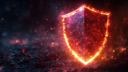 Glowing shield symbol representing cybersecurity with fiery effects and dark background