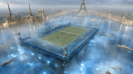 match on a floating platform above a glowing cityscape