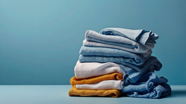 a neat stack of clean laundry, a horizontal banner for a cleaning company or laundry, a poster, a minimalistic blue background, copy space, free space for text.