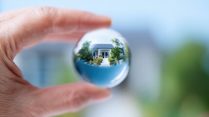 Real estate foreclosure crisis Hand holding a crystal ball reflecting a house and greenery.