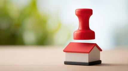Real estate foreclosure crisis Red stamp hovering above a miniature house model on a wooden surface.