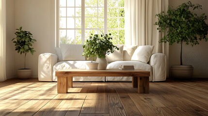 Fototapeta premium A wooden coffee table in a minimal living space