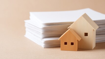 Real estate foreclosure crisis Miniature wooden houses beside a stack of blank papers.