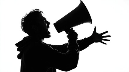 Man's silhouette shouting into a megaphone with open hand against a white background