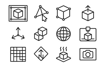 Geometric icons set with 3d shapes and global symbols on gray background