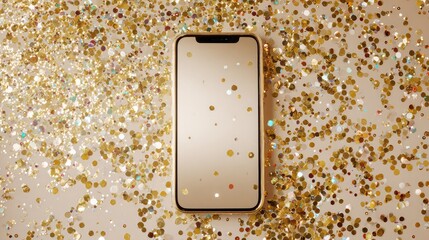 Modern smartphone surrounded by sparkling gold confetti