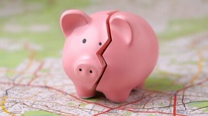 Real estate foreclosure crisis Piggy bank on a map, symbolizing financial struggles or planning.