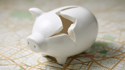 Real estate foreclosure crisis A broken piggy bank on a map background symbolizes financial loss.