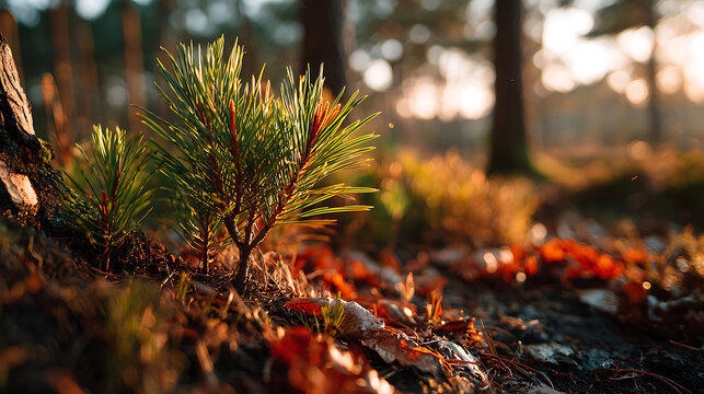 Young Pine Tree Sapling in Autumn Forest Sunlight - Powered by Adobe