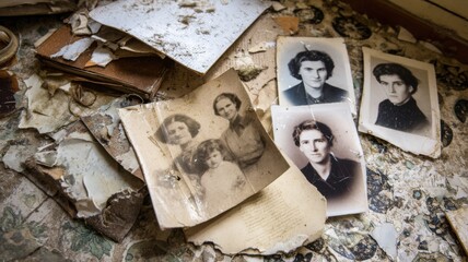 Real estate foreclosure crisis Old photographs scattered on a weathered surface.