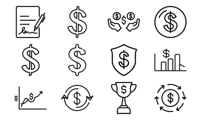 Dollar Sign Icon Bundle – Hand-Drawn Money, Finance, Growth, Investment, Profit, Trophy, Shield, Chart, and Dollar Cycle Line Icons for Business and Financial UI Design