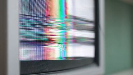 Real estate foreclosure crisis Glitchy television screen with distorted static image.