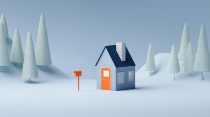Real estate foreclosure crisis A whimsical paper-style house in a serene winter landscape.