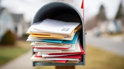 Real estate foreclosure crisis Overflowing mailbox filled with colorful letters and documents.
