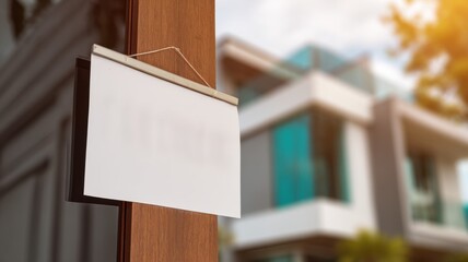 Real estate foreclosure crisis Blank signboard in front of a modern building exterior.