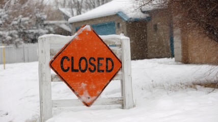 Real estate foreclosure crisis Closed sign in snow-covered landscape during winter weather.