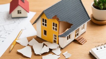 Real estate foreclosure crisis Damaged model house with plans and debris on a wooden surface.