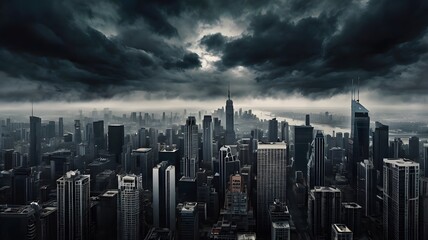 Dramatic skyline view of city under dark stormy clouds