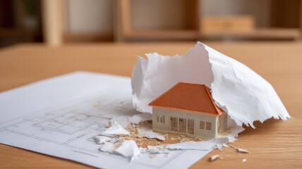 Real estate foreclosure crisis Model house emerging from paper plans on a wooden table.