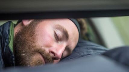 Real estate foreclosure crisis Sleeping man resting peacefully in a vehicle interior.