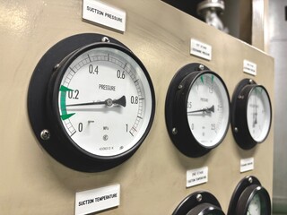 Industrial control panel featuring analog pressure and temperature gauges, essential for monitoring systems in a factory. A technical image suitable for industrial, mechanical, and automation contexts