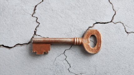 Real estate foreclosure crisis Vintage key on cracked surface, symbolizing mystery and unlocking potential.