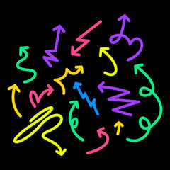 Set of arrows, arrows different. Arrow icon. Vector illustration. Collection hand drawn arrows. Set simple arrows isolated on black background. Arrow mark icons. Arrow paint - stock vector.

