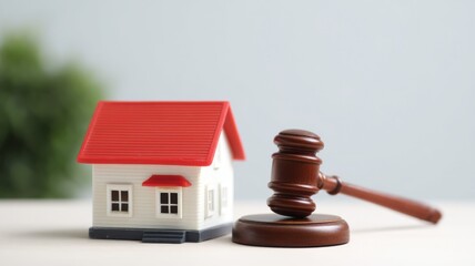 Real estate foreclosure crisis Model house and gavel symbolizing real estate law and justice.