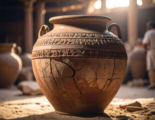 Ancient Cracked Clay Jar with Ruins.