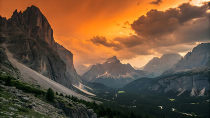 Dramatic mountainous landscape rugged rocky peaks fiery orange sunset fluffy clouds lush green valleys