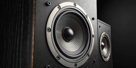 Close-up of Black Wooden Speakers High-Fidelity Audio System, Speaker Cone Detail audiophile, bookshelf speakers