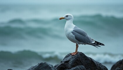 Naklejka premium Seagull on Rocky Coastline - Dramatic Ocean Background