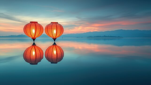 Two orange lanterns float on a still lake, mirrored perfectly. Sunrise paints the sky in pastels