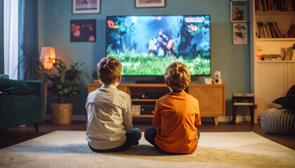 Boys playing video games at home.