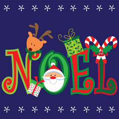 Christmas card design with Santa, reindeer and noel text

