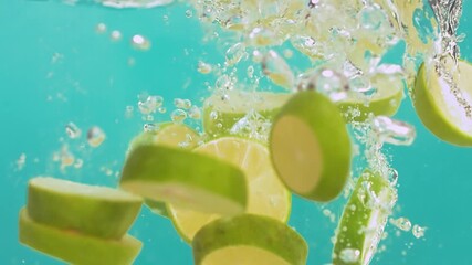 Slow motion of lemon slices dropping into clear water with a bright blue background.  - Powered by Adobe
