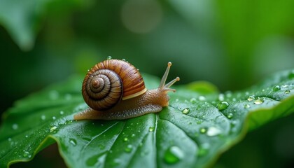 Snail on a Wet Green Leaf with Water Drops