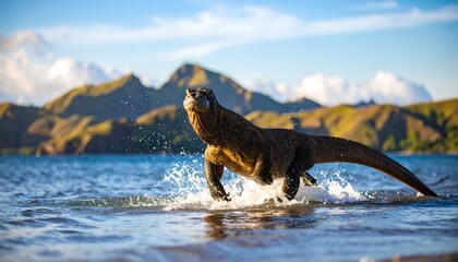 Fototapeta premium Komodo dragon leaping in water