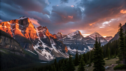 A dramatic landscape with mountains clouds and a colorful sky at sunset