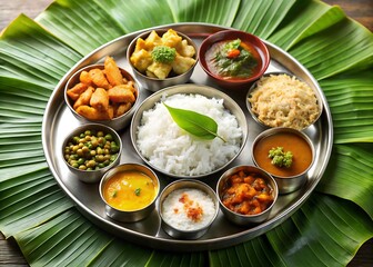 Traditional indian thali meal served on banana leaves