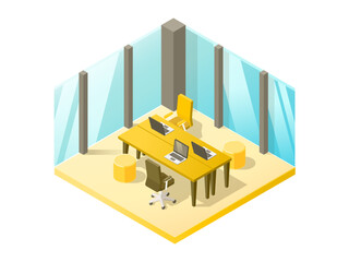 Flexible Hot Desk Area in a Modern Isometric Office – Vector Illustration