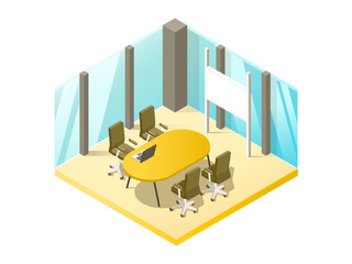 Conference Room with AI Assistant and Video Call Setup – Isometric View