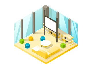 Brainstorming Lounge with Sofas in Isometric Office – Vector Concept