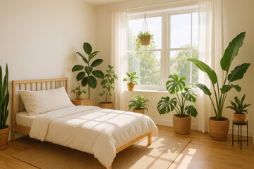 A sunlit bedroom with a cozy bed, lush plants, and a view of the window.
