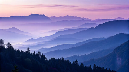 Serene landscape mountainous terrain hazy atmosphere layers of mist